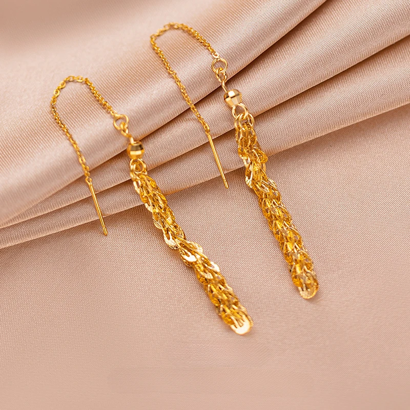 Настоящие 18-каратные золотые серьги Fengwei с цепочкой, длинные серьги-капли для женщин, подруги, свадьбы, дня рождения, кисточки для ушей, ювелирные изделия, подарки