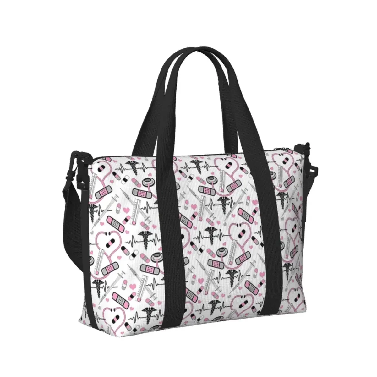 Custom Cute Stethoscope Nurse Doctor EKG Pattern Beach Travel Bag Tote Bags For Gym Yoga Women Shopping Duffle Shoulder Bag