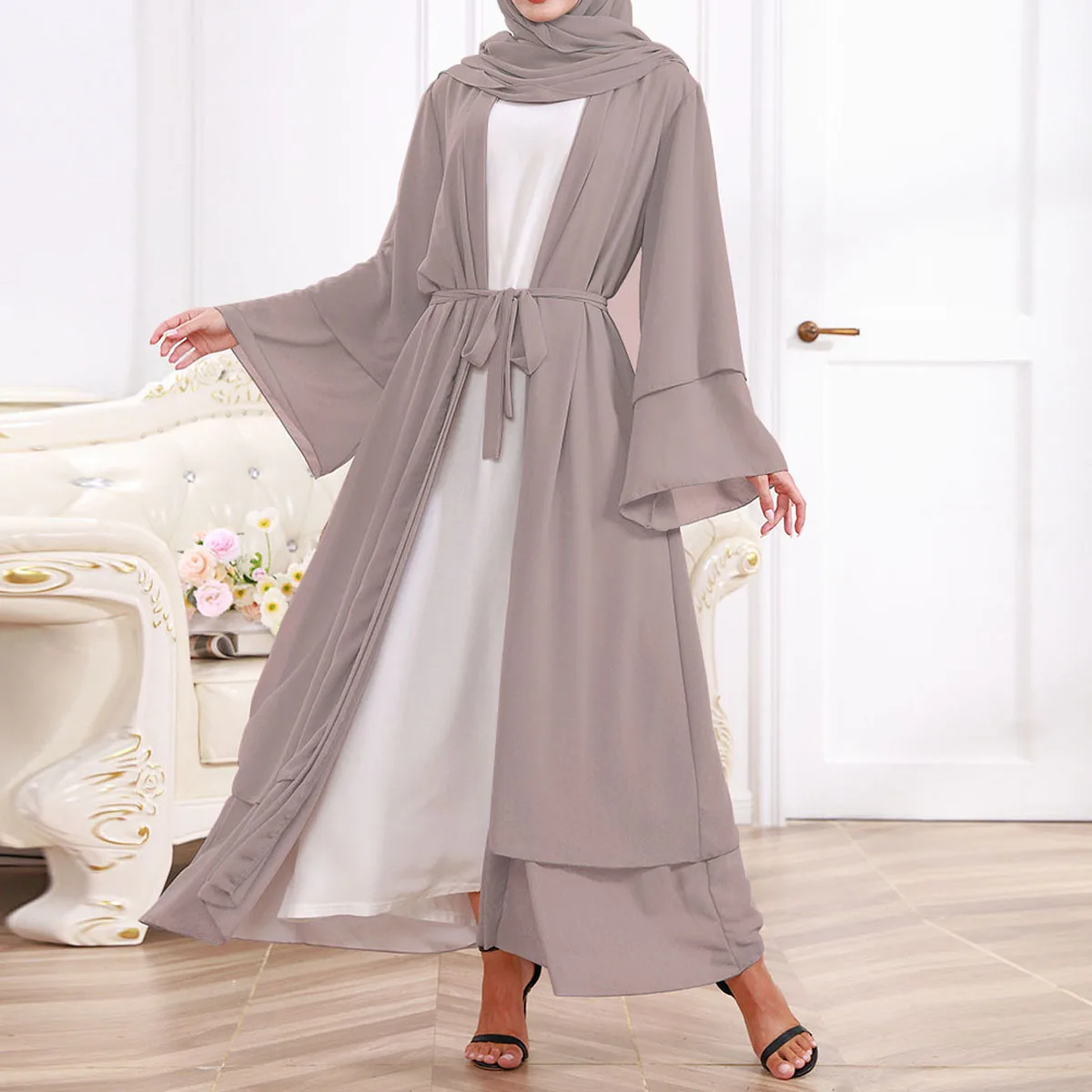 

Ramadan Eid Chiffon Open Abaya Kimono Dubai Turkey Islam Kaftan Muslim Hijab Dress Belted Abayas for Women Robe Femme Musulman