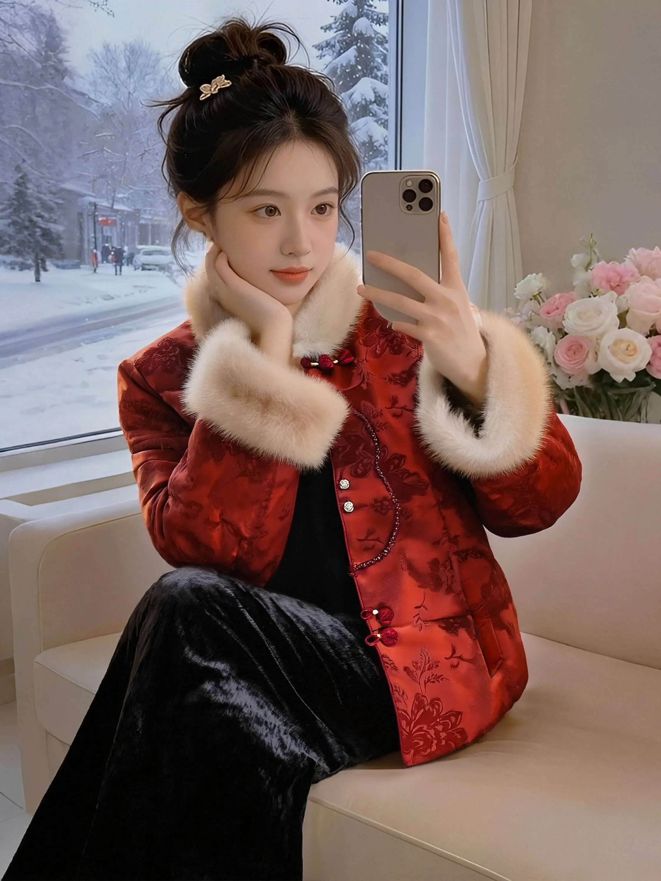 

New Chinese Style Women's Jacket Winter Thickened Short Cotton Coat with Fur Collar Embroidery Unique Commuter Korean Version