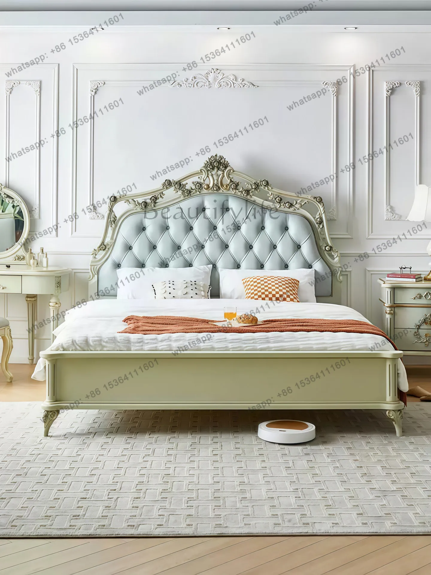 French full solid wood double bed carved luxury European high PC and console game bedroom American light luxury princess bed