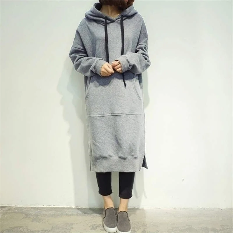 Women Hoodie Dress Autumn Winter Solid Color Casual Loose Long Sleeve Hooded Sweatshirts Pockets Female Long Hoodies