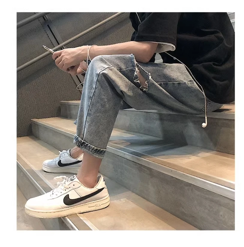 2024 new Hong Kong style student tide brand ripped jeans trend all casual loose straight leg nine minute pants