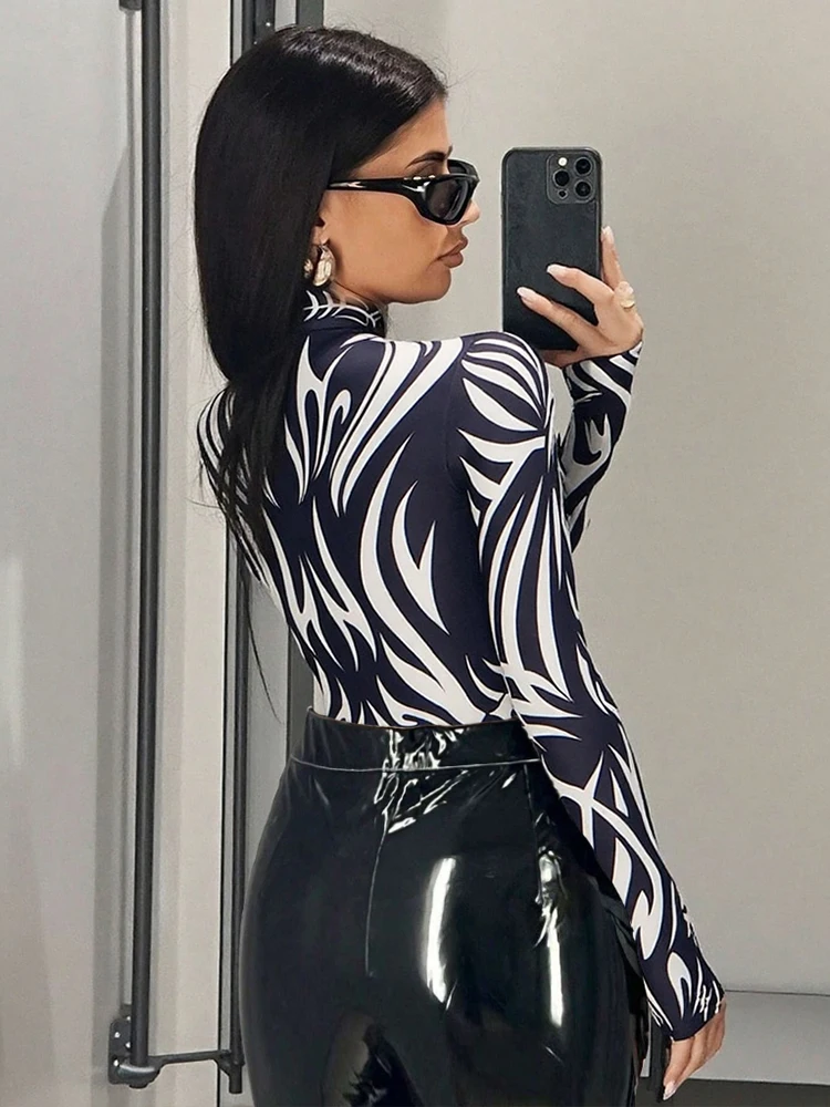 

Nibber Zipper Art Print Bodysuits Women o-Neck Long Sleeve Skinny High Stretch Autumn Fashion Sexy Hottie Midnight Streetwear