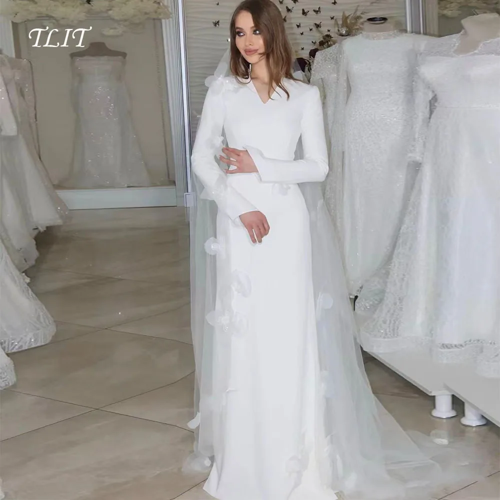 

TLIT Muslim Wedding Dress with Veil V-Neck Full Sleeves Floor Length Mermaid Modest Bridal Gown robe de mariée Customized 2026