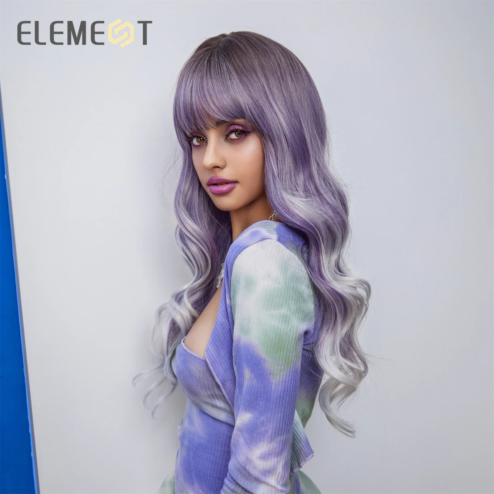 Long Punk Synthetic Wigs Ombre Purple Color Curly Water Wavy Hair Wig with Bangs Cosplay Daily Use Party Heat Resistant