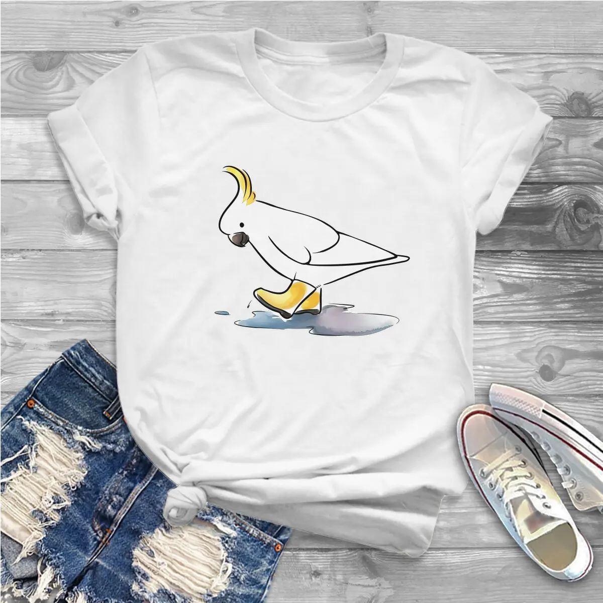 Parrot Birds Pet Women T Shirt Cockatoo Rain Shoes Female Tops Polyester Harajuku Funny Y2k Tees Ladies Tshirt