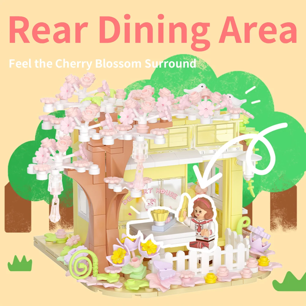 Cherry Blossom Dessert House Building Blocks Sakura Flower Pink Tree City Street View Bricks DIY Model Toys For Kid Gift