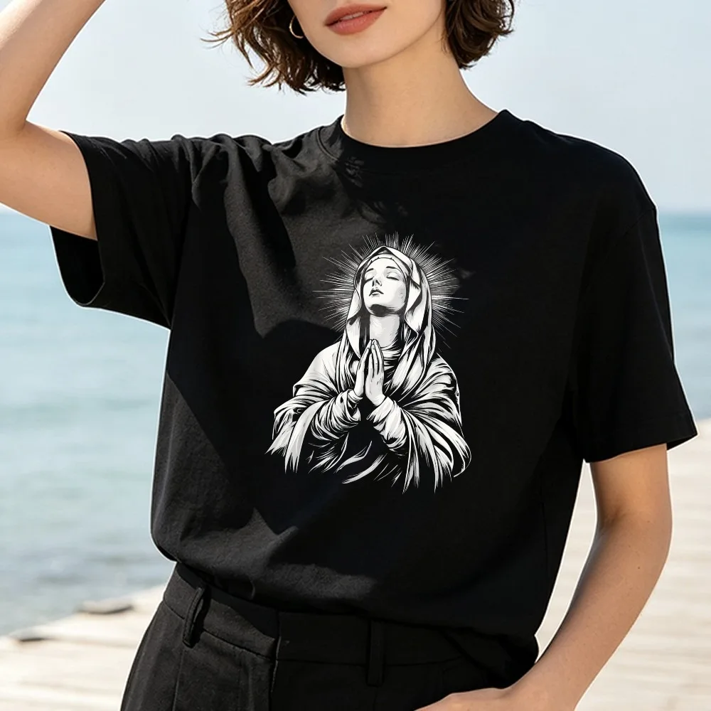 Blessed Virgin Mary Tshirt Religious Figure Praying Woman Halo Veil Hands Folded Printing T-Shirt Sketch Style Women Cotton Tees