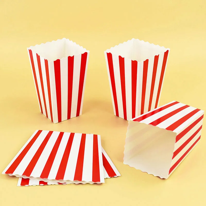 10pcs Popcorn Paper Boxes Buckets Red White Stripes Popcorn Bags Snack Containers Movie Night Birthdays Festival Party Supplies