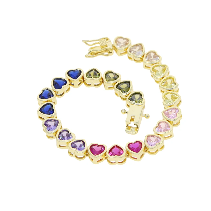 Bezel Heart Shaped CZ Tennis Chain Bracelet Gold Color Red Pink Purple Cubic Zirconia Fashoin Colorful Zirconia Jewelry