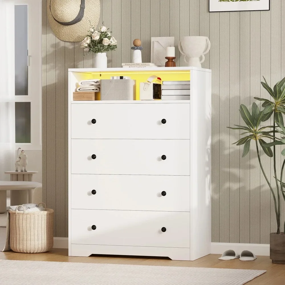 

Modern Wood Dresser for Bedroom with LED Lights, Chest of Drawers Storage Tall Dresser for Living Room