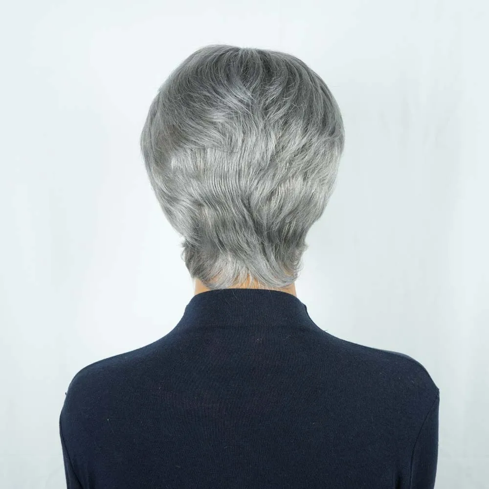 실버 그레이 픽시컷 가발 인모 스트레이트 앞머리 있는 짧은 레이어드 보브 가발 흑인 여성용 풀 머신 메이드