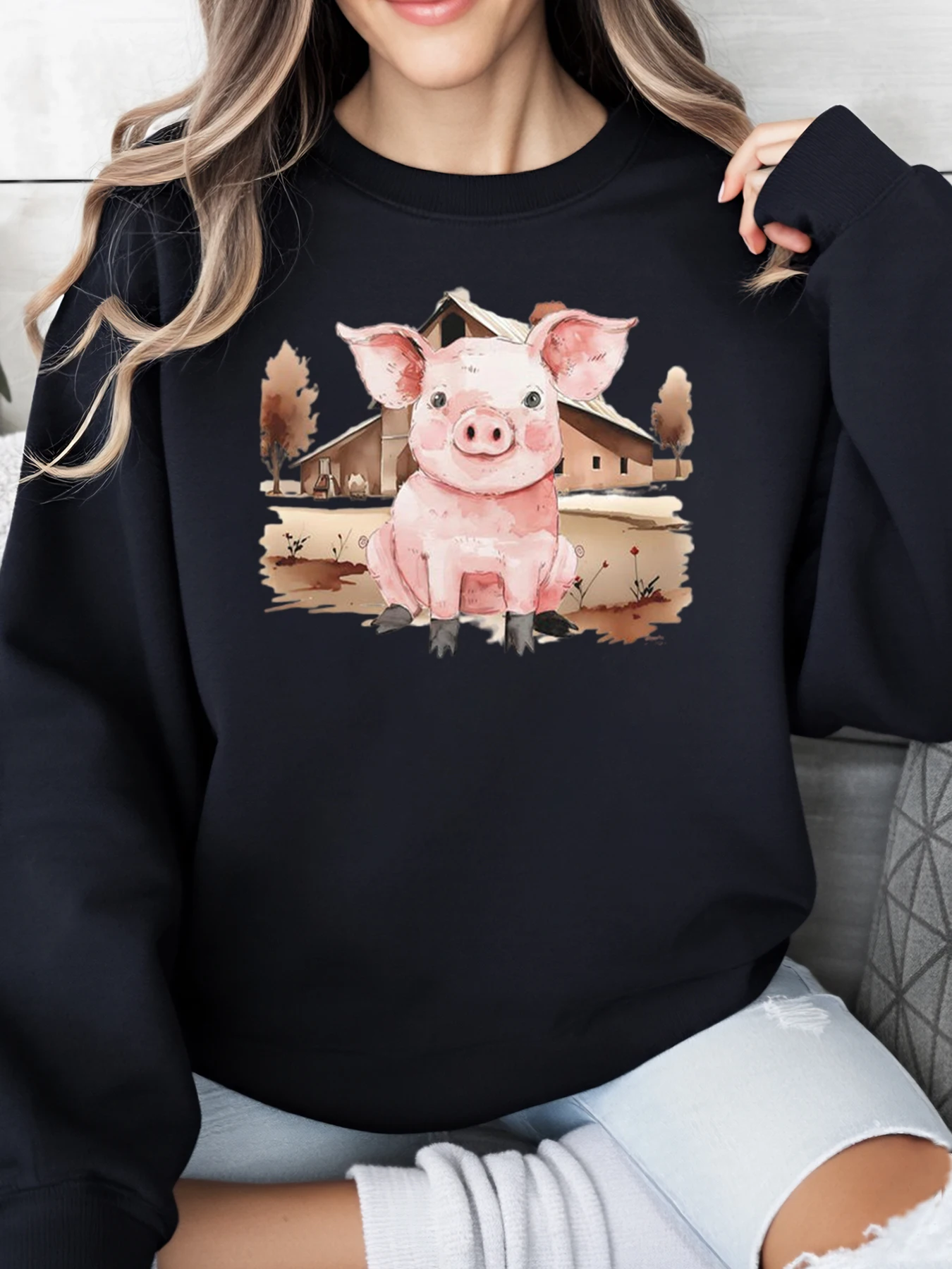 

Толстовка с принтом «Симпатичная свинья», рождественская женская повседневная одежда, домашний комфорт, черный, больших размеров