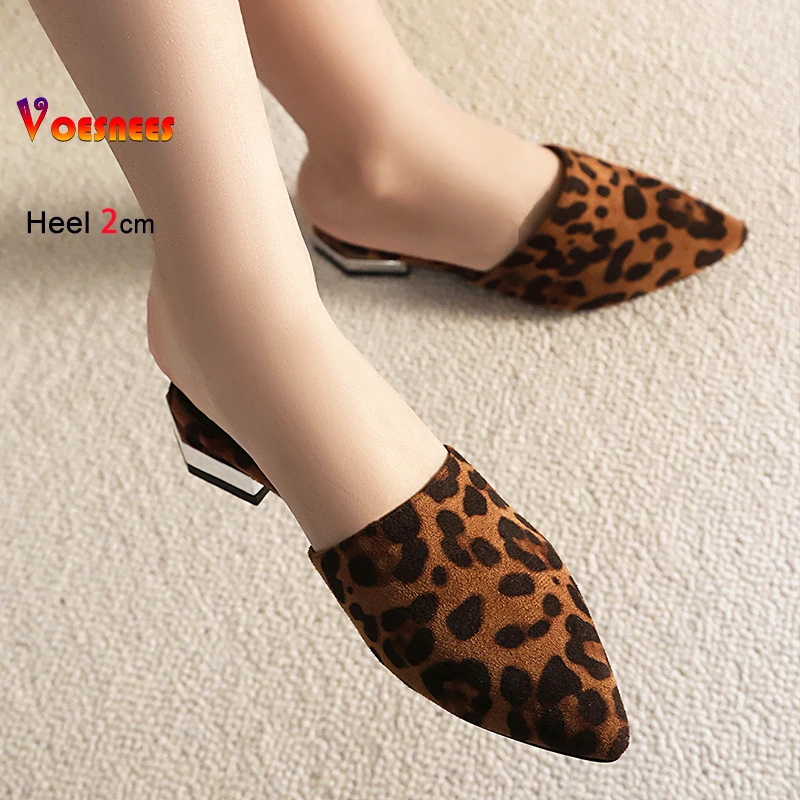 

Size 34-48 Comfort Low Heels Mules Summer Slippers For Ladies Fashion Leopard Suede Sandals 2CM Slip-on Women Pointed Home Shoes