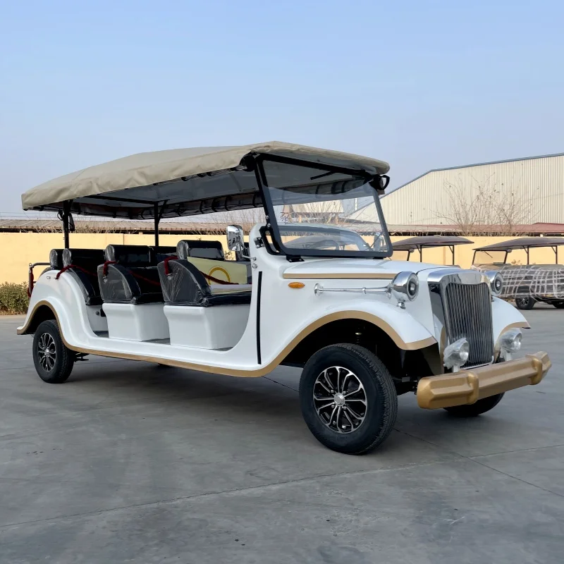عطلة ترفيهية بيضاء لمشاهدة معالم المدينة سيارة كلاسيكية ريترو جولة القيادة الذاتية عربة جولف رياضية كهربائية مع مظلة سيارة كلاسيكية