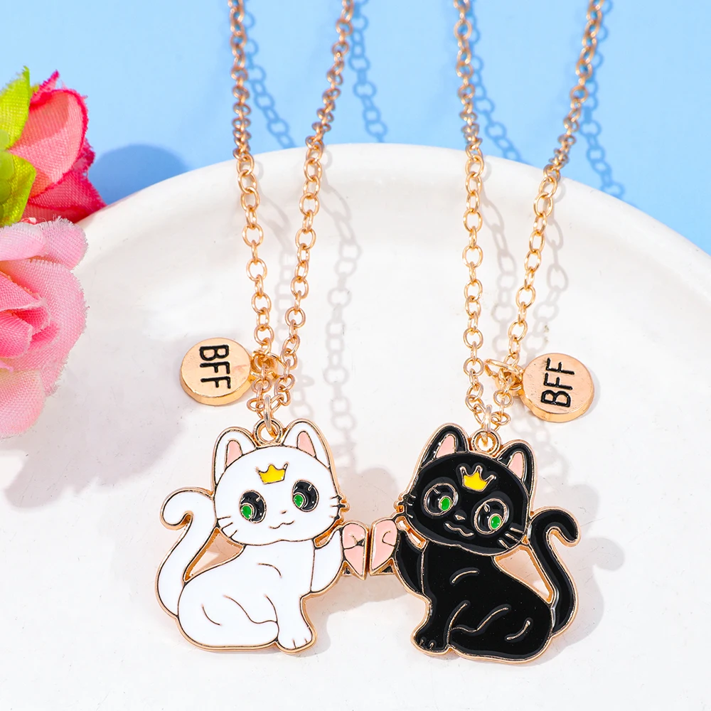 2 buah kalung mainan kucing kartun kawaii untuk sahabat terbaik, aksesoris persahabatan modis untuk anak perempuan, hadiah