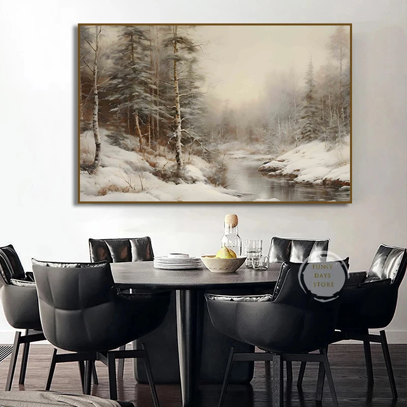 لوحة قماشية بمناظر طبيعية شتوية عتيقة ، غزال ، طائر ، ثعالب ، جبل ، ثلج ، غابة ، منزل ، صنوبر ، جدار R ، ملصق مطبوع ، ديكور منزل ريفي #3