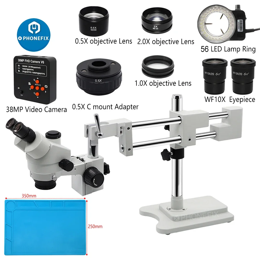 3.5X-90X Zoom Simul Focal Dual Arm Holder Trinocular Stereo Microscope 38MP 4K 48MP HDMI USB Digital Camera for Soldering Repair