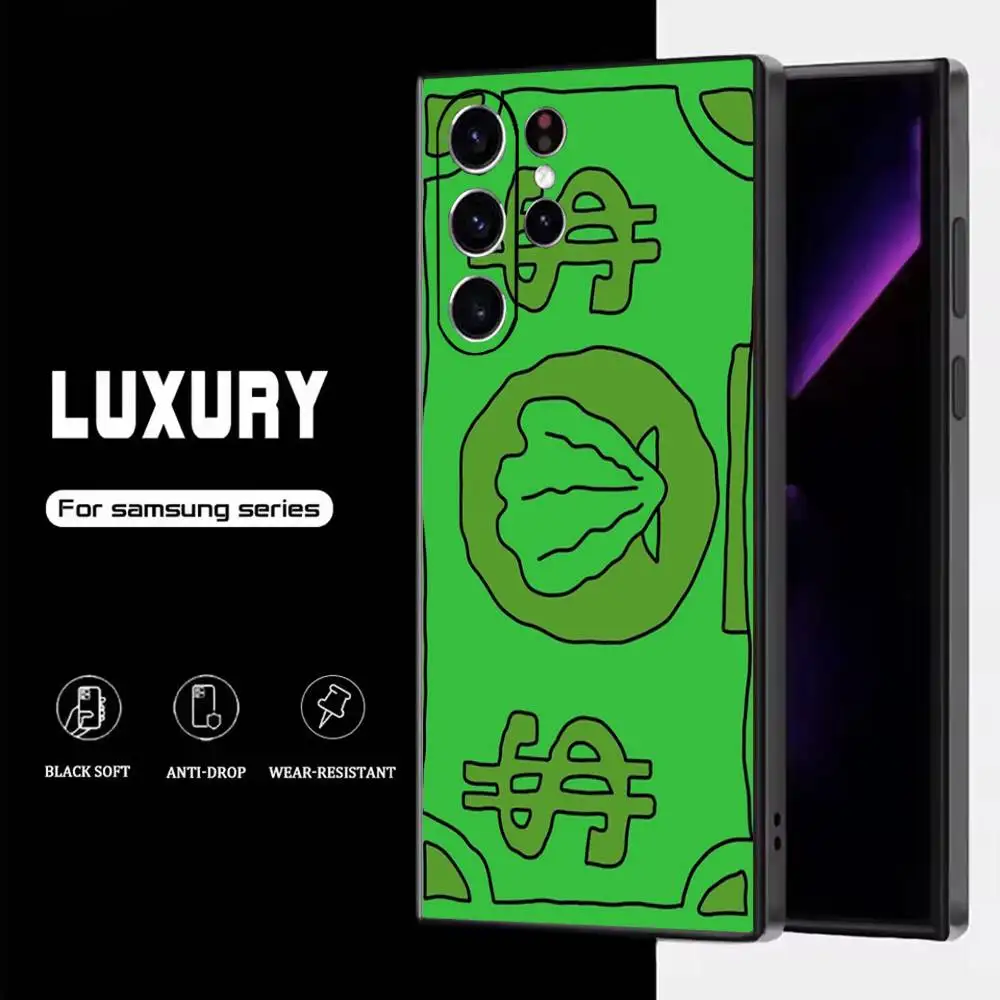 B-Bikini Bottom burgers Fries حافظة هاتف لهاتف سامسونج S25، S24، S23، S22، S21، S20، S10، Ultra، Plus، Lite، FE، غطاء أسود من السيليكون الناعم