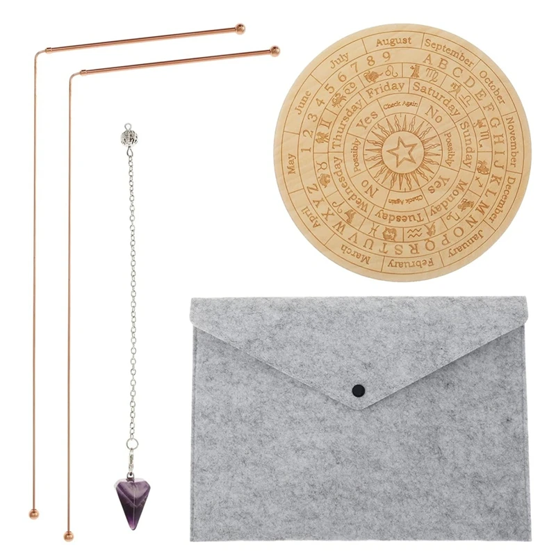 Y51A-Pendulum Board Mat Kit Portable Divination Kit Pendulum Mat Copper Dowsing Rods Kit & Divining Pendulum Board Divining