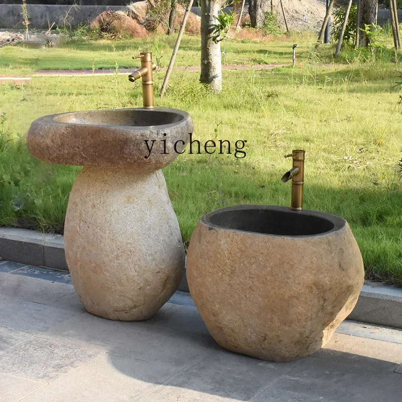 H8- outdoor colestone column basin retro stone wash basin integrated floor pool courtyard mop pool