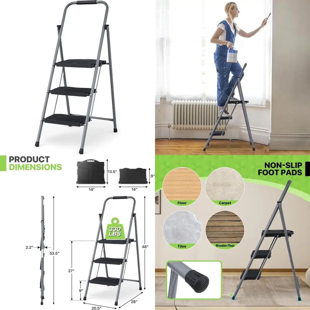 Escalera plegable resistente de 3 escalones con peldaños antideslizantes y agarre acolchado para uso doméstico