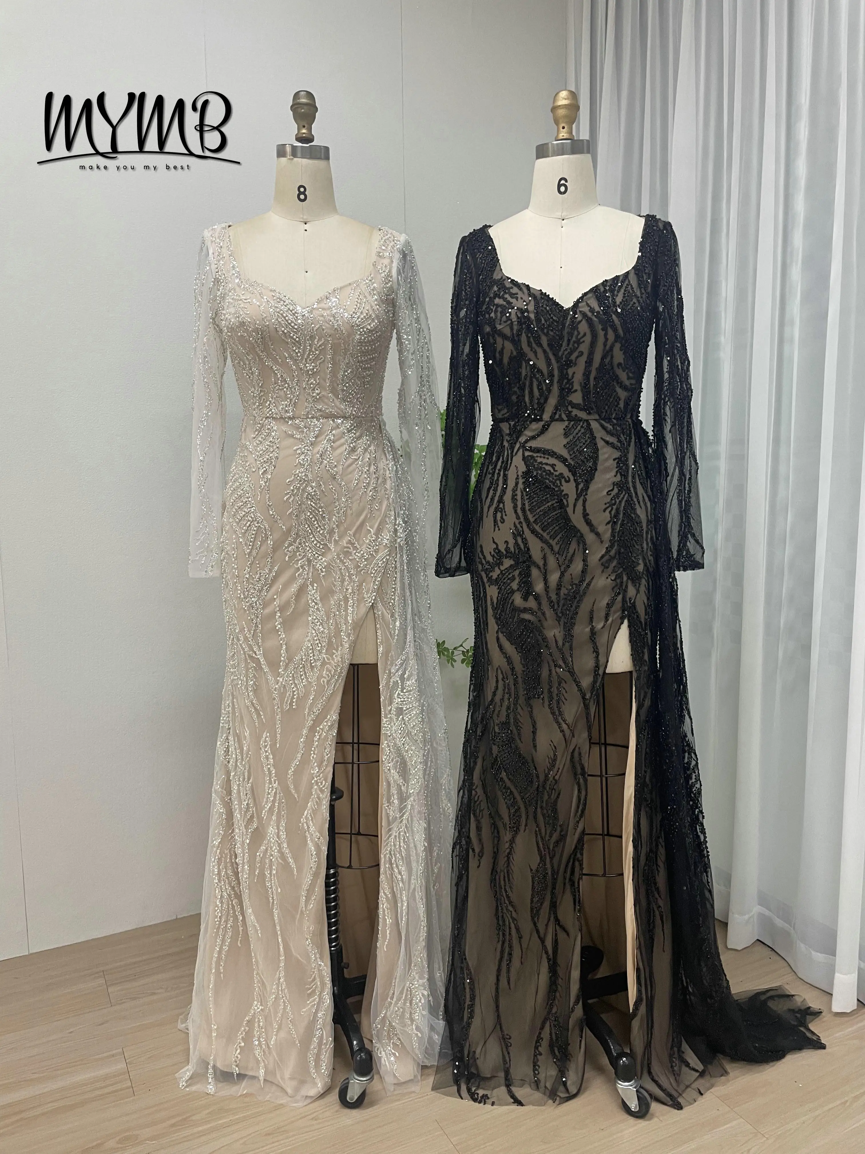 MYMB Elegant Sequin Slit White Wedding Party Dress Embroidered Sheer Tulle Long Sleeve Evening Dress Plus Size Wholesale MY20004