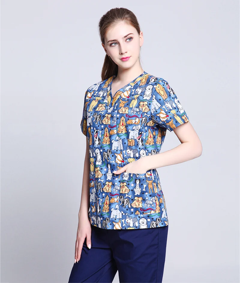 

2023 Summer Women's Fitted Scrubs Short Sleeve Dental Clinic Pet Shop Print Uniform Doctor Working Top Wear Clothes