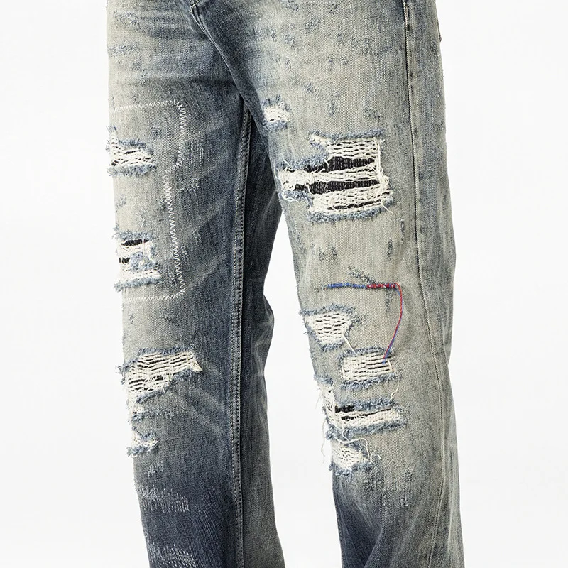 

Модные высококачественные тяжелые ностальгические джинсы, мужские уличные трендовые ретро-градиентные синие рваные свободные брюки