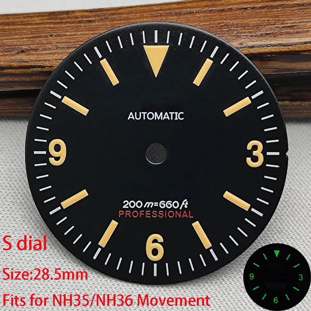 28.5mm NH35 dial High Quality retro dial S dial green luminated dial suitable for NH35 NH36 movement watch accessories