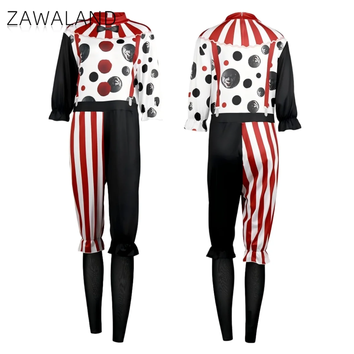 

Halloween Clown Cosplay Costume Woman Black Red Printing Jumpsuit Ruffled Sleeves Bodysuit Carnival Party Performance Clothing