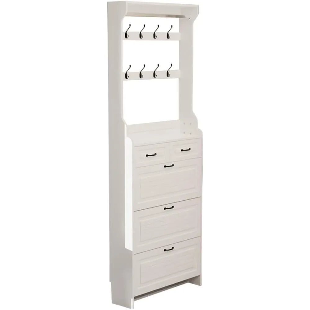 

Шкаф для хранения обуви для прихожей, тонкий шкаф для обуви с 3 откидными дверцами, 2 ящиками и вешалкой, отдельно стоящий органайзер для обуви