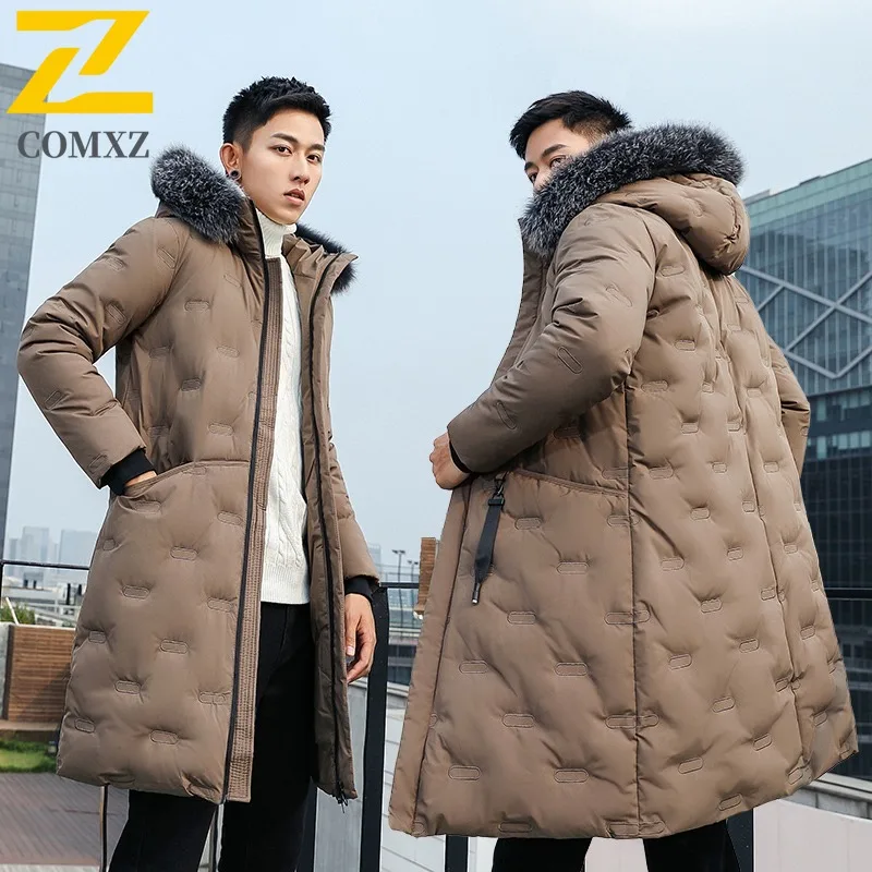 

COMXZ New Men Korean Style Thickened Mid Length waterproof and windproof outdoor sports Slim Fit Fur Collar tactics Cotton Coat