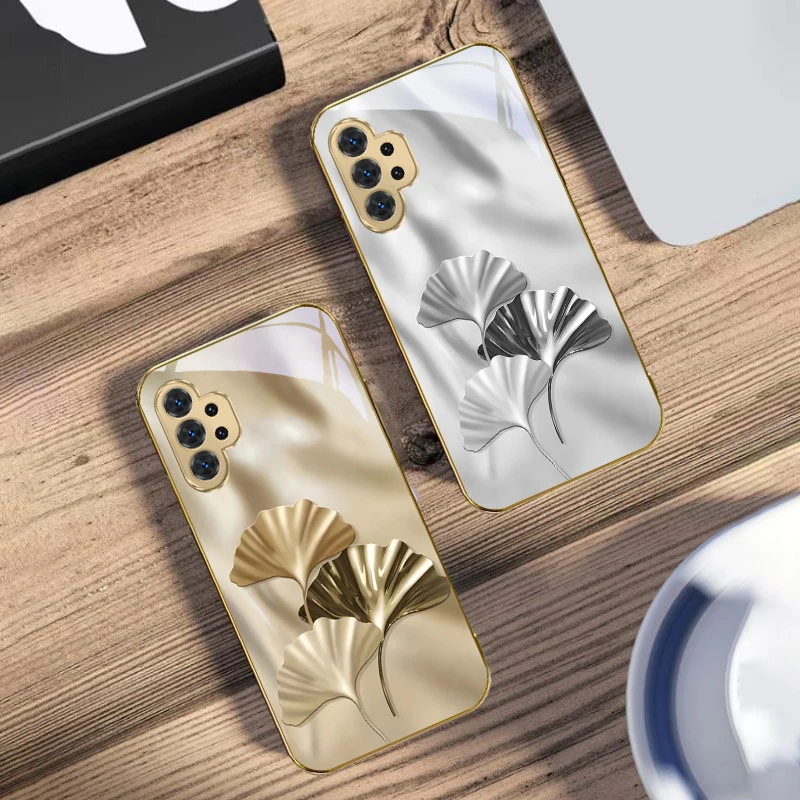 أوراق الجنكة الفاخرة لسامسونج A 31 32 33 34 35 14 15 13 16 25 26 50 52 53 54 55 56 70 71 72 73 حافظة هاتف زجاجية ذهبية