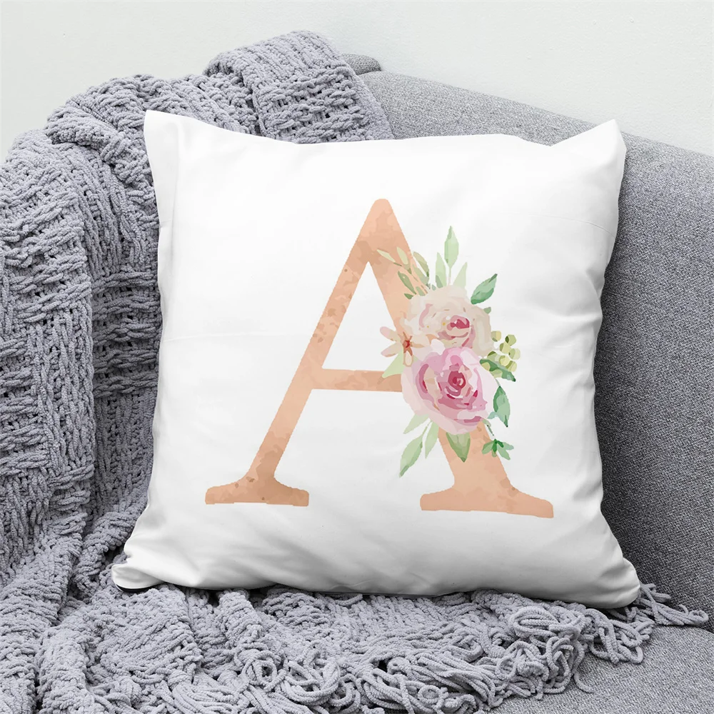 Rose Flower Pink Alphabet Pillowcase Leaf Surround Letter Cushion Cover Home Sofa Car Decoration