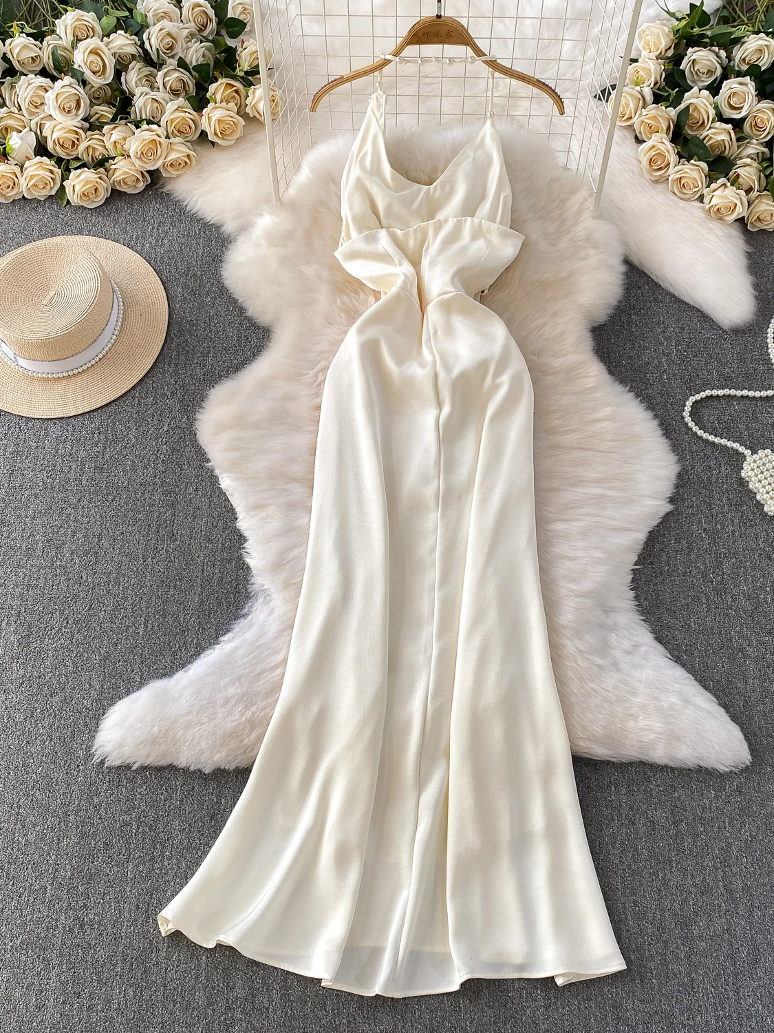 Robe rétro perlée Nelace sans bretelles pour femmes, taille haute, en Satin de soie, Sexy, longue jupe trapèze pour Banquet