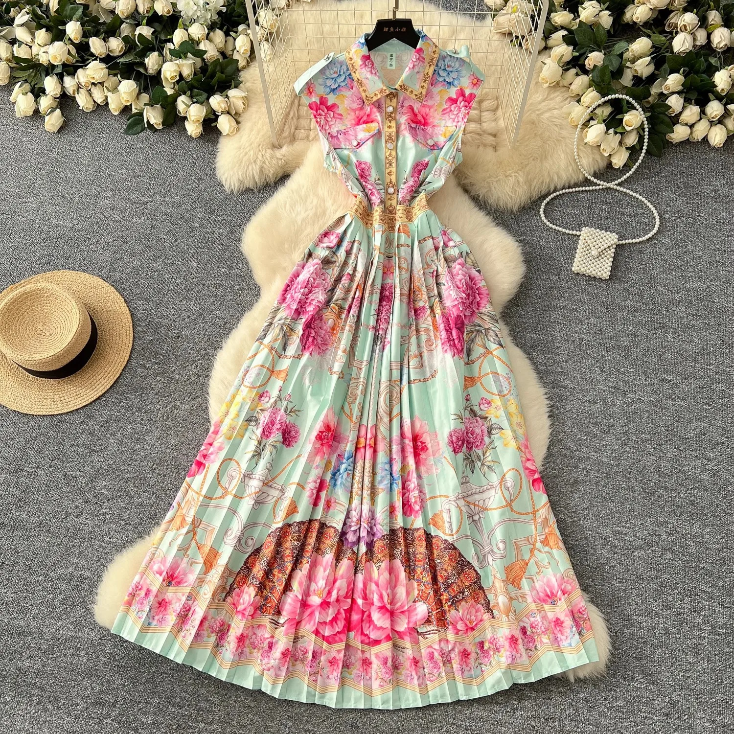 

Summer Holiday Beach Dress Women's Turn Down Neck Sleeveless Single Breasted Floral Print Belt Long Pleated Boho Party Vestidos