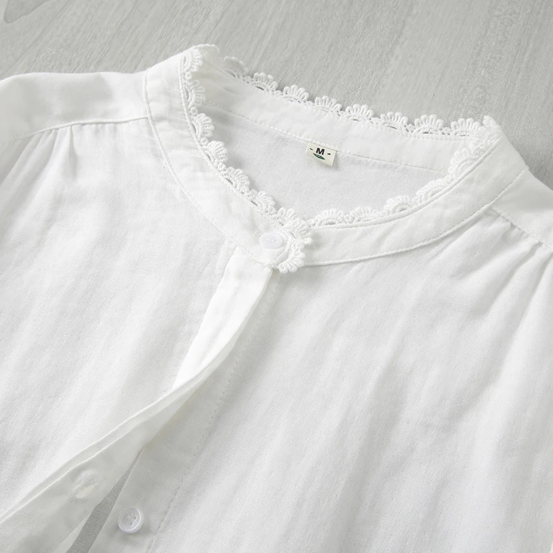 New Spring And Autumn Lace Stand-up Collar Cotton Tops Women Clothing Long-sleeved Solid Color Female Shirts & Blouses U111