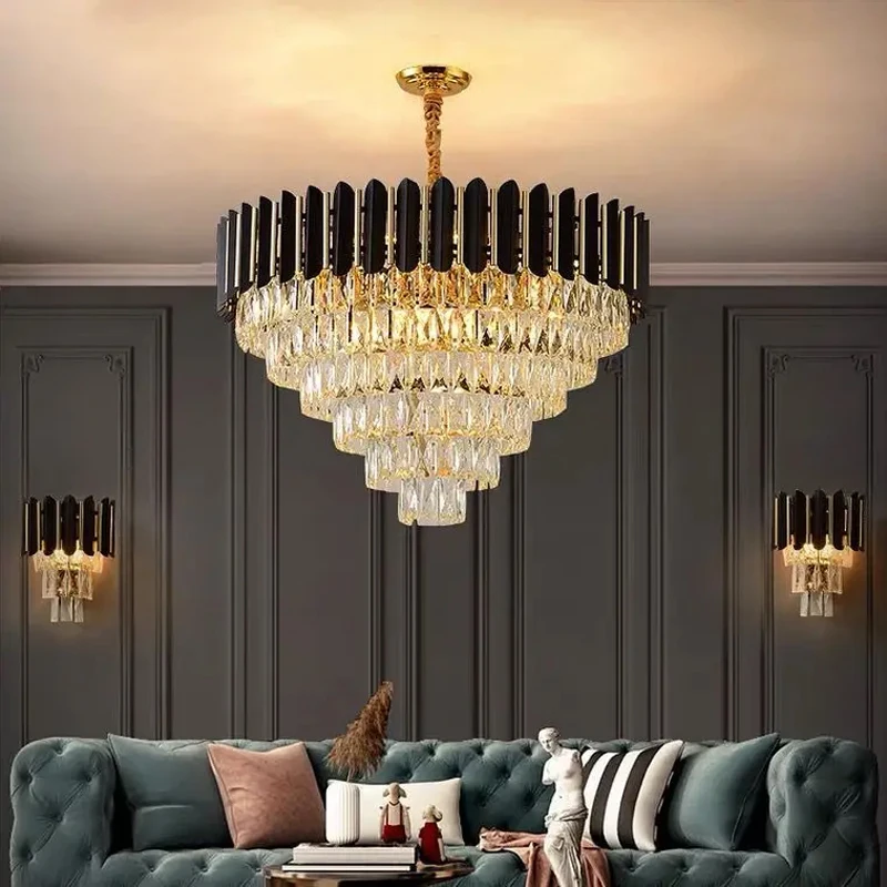 Postmodern Luxury Gold Black Circular LED Crystal Chandelier Dining Room Living Room Home Decor Indoor Hang Decorative Lighting