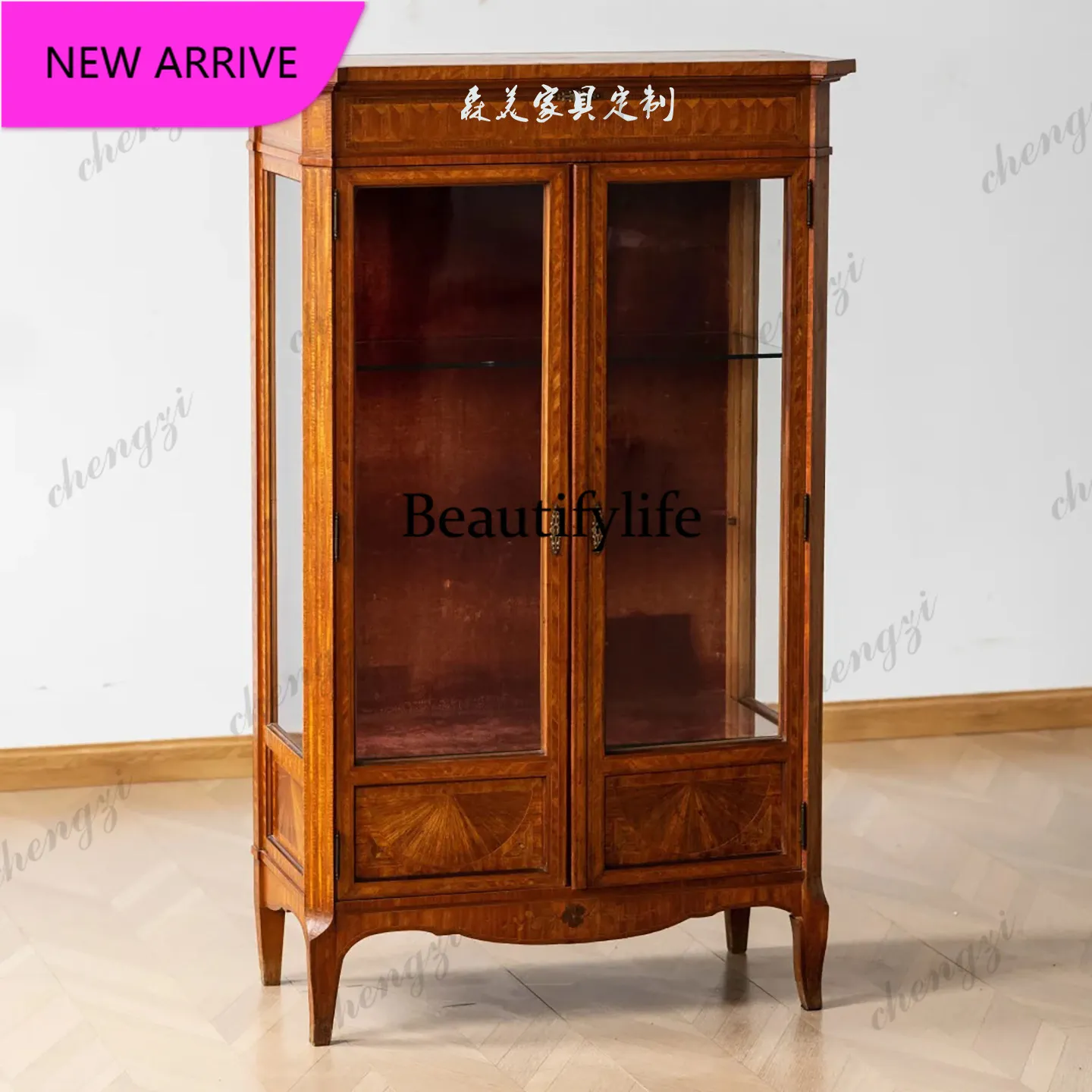 

P3 Medieval solid wood glass door dining side cabinet wine cabinet American living room decoration light luxury locker