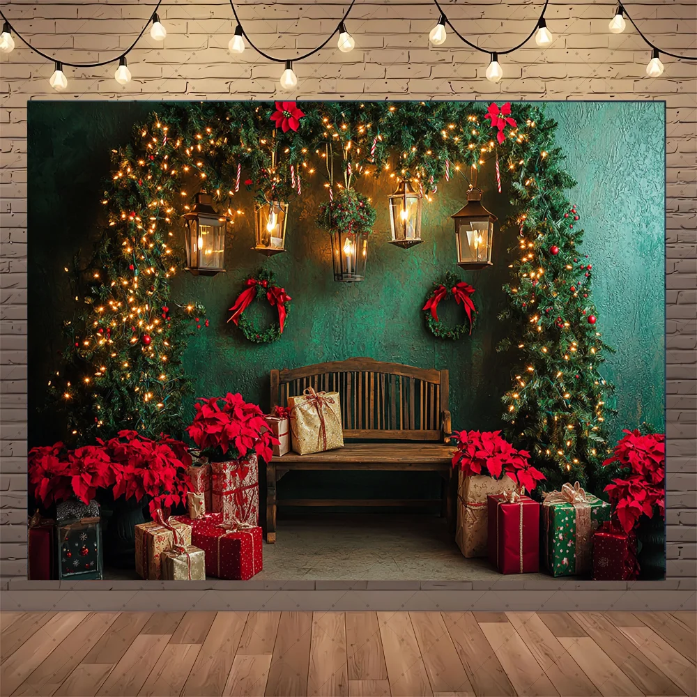 

Winter Xmas Tree Photography Background Wooden Door Snowflake Wreath Decor Kids Adult Portrait Photo Backdrop Studio