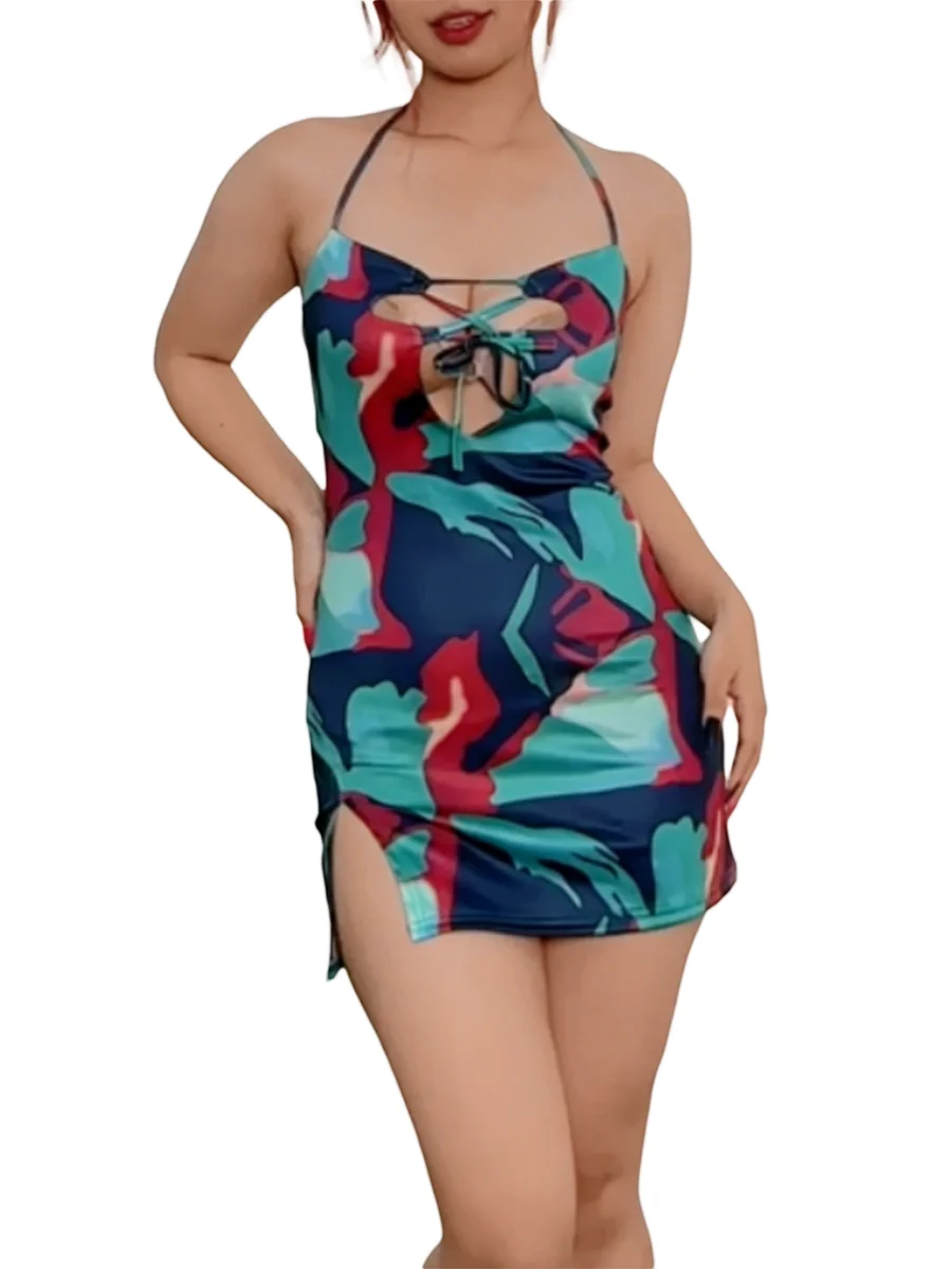 New Women Halterneck Party Dress Summer Abstract Print Bandage Cutout Sleeveless Backless Dress For Club Streetwear S M L