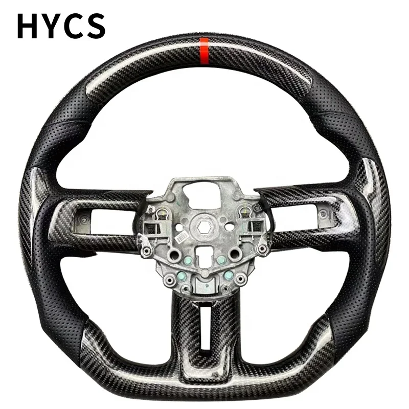 Car interior carbon fiber steering wheel covered with black perforated leather suitable for Ford Mustang after 2015