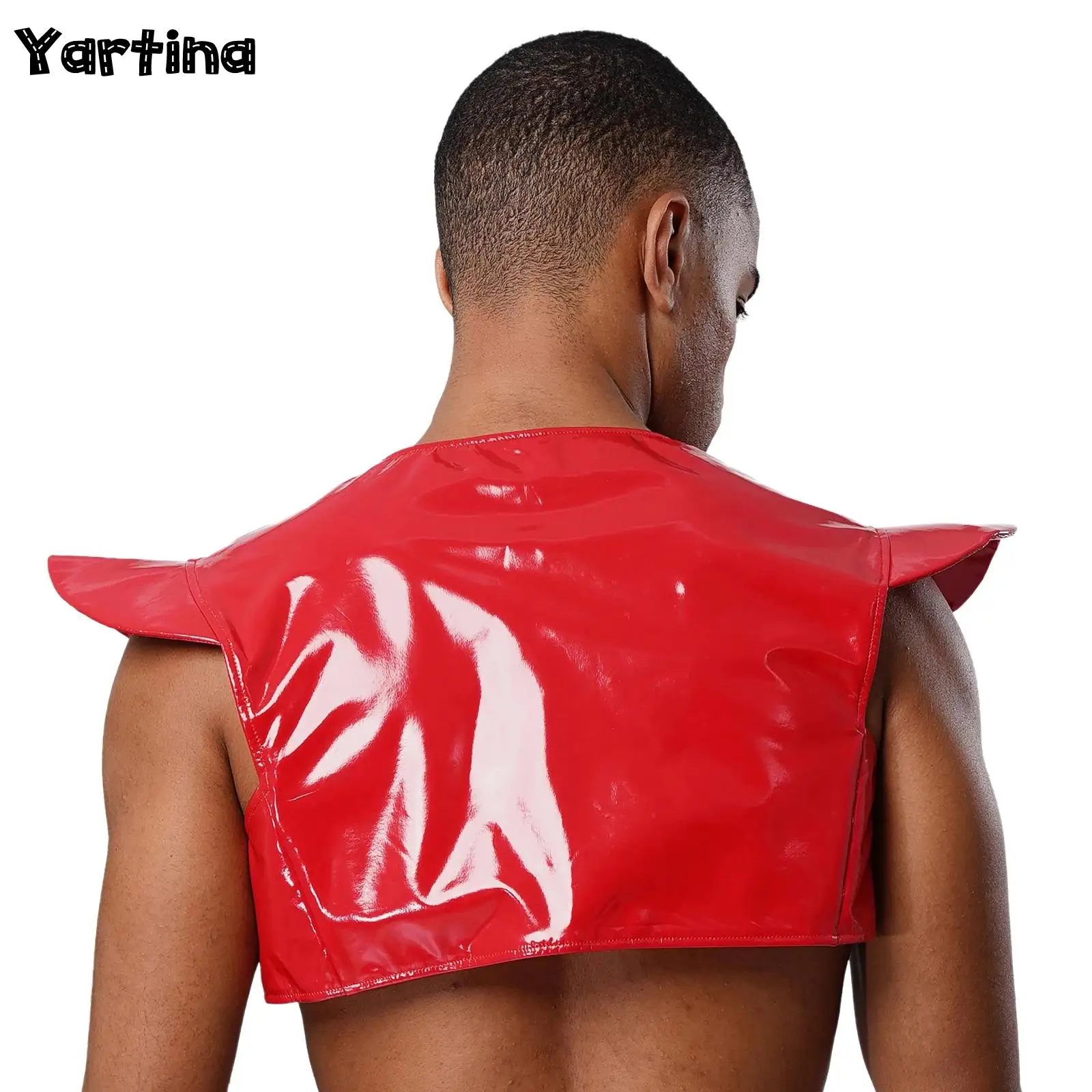 

Men Halloween Patent Leather Cap Sleeves Shrug Top Open Front Asymmetrical Hem Shoulder Armor Vest Nightclub Theme Party Costume