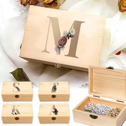Wooden Storage Box With Hinged Lid Natural Wooden Packing Case For Home Supply Storage Decoration Gold Letter Pattern