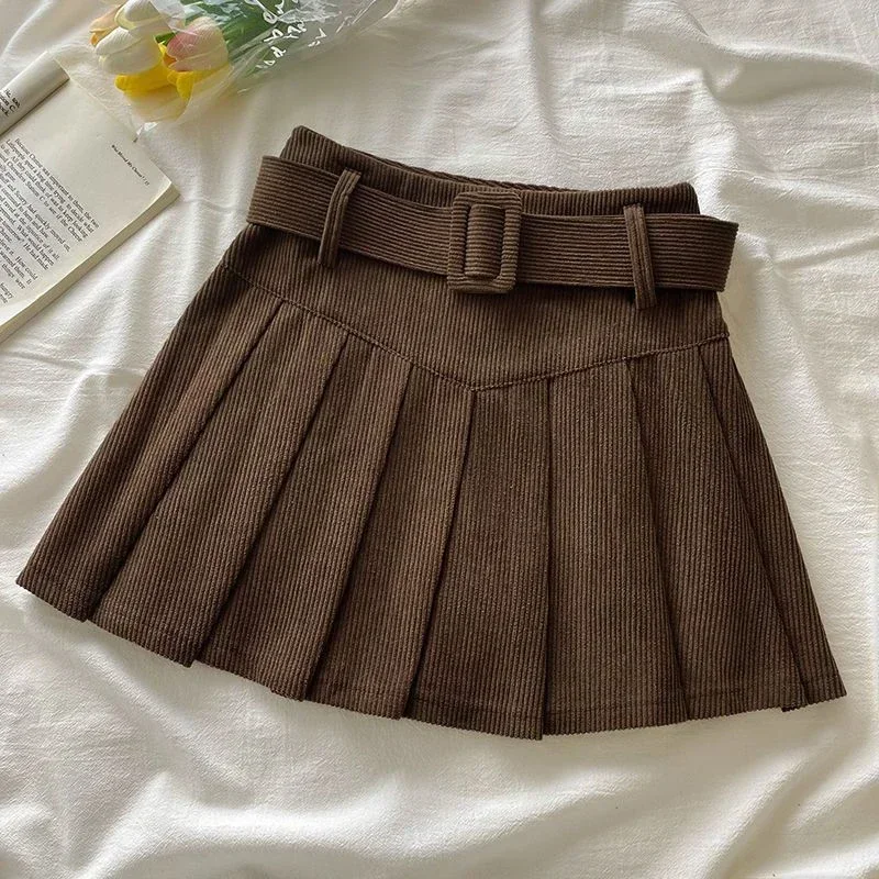 Cord Belted Pleated Skirt Texture Corduroy Box Pleat Mini Skirt with Belt Women Teen-girl Academy School Autumn Winter Outfit