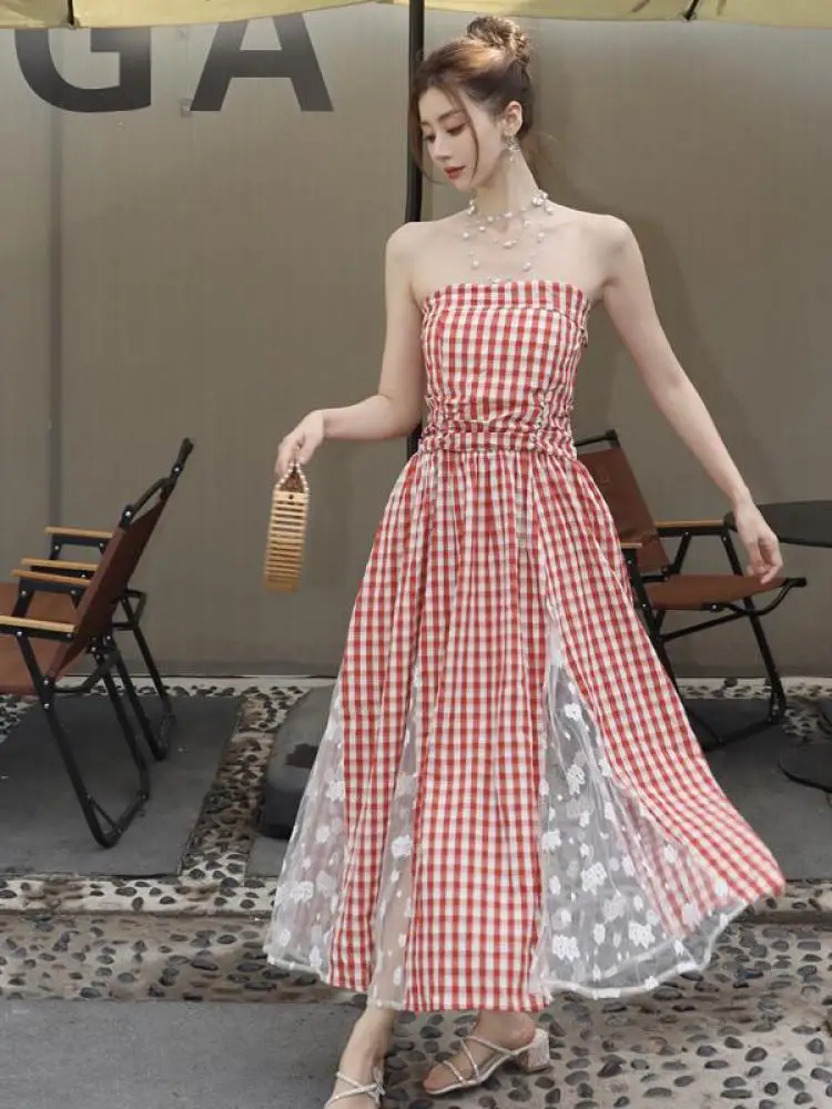 

Summer French Vintage Red Plaid Patchwork Lace Elegant Strapless Long Dress Women's Sexy High Waist Backless Party Dress Fashion