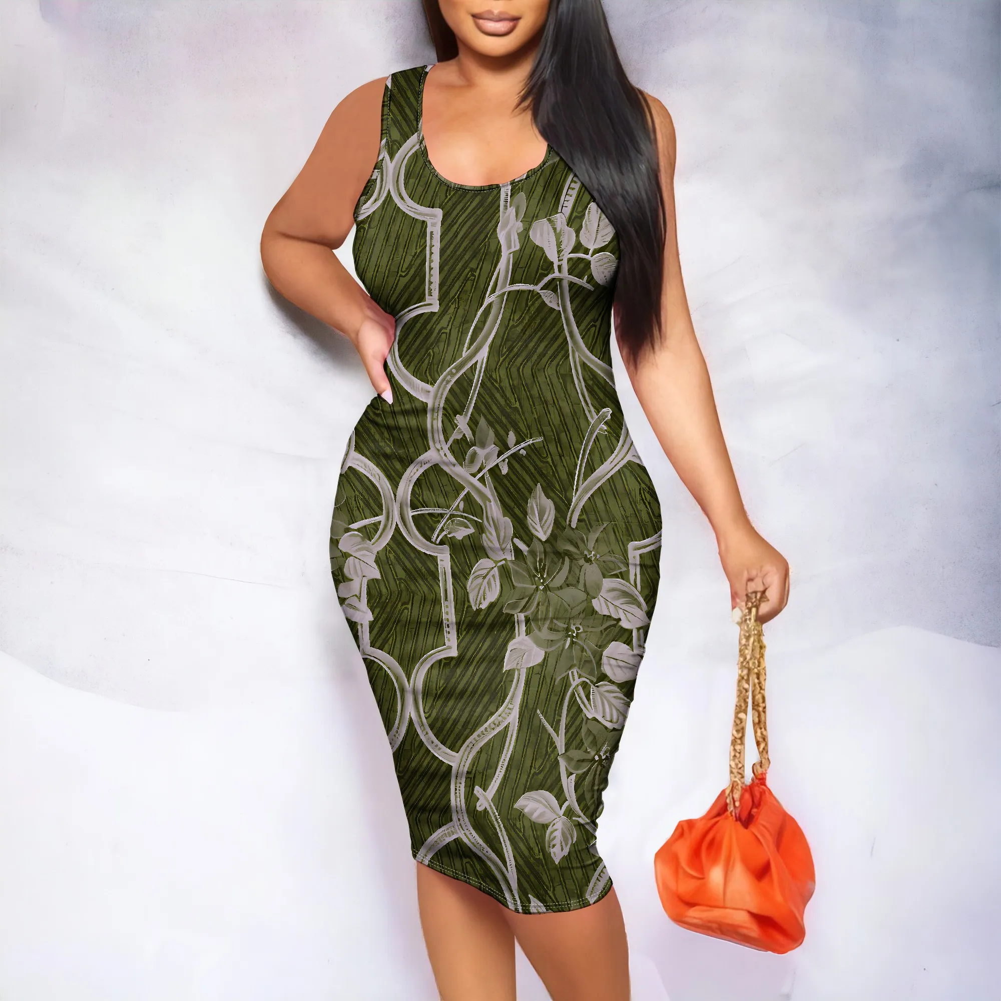 

Botanical Print Sleeveless Dress, Round Neck Midi Dress, Bodycon Fit Summer Wear, Casual Party Outfit for Women, XS-2XL