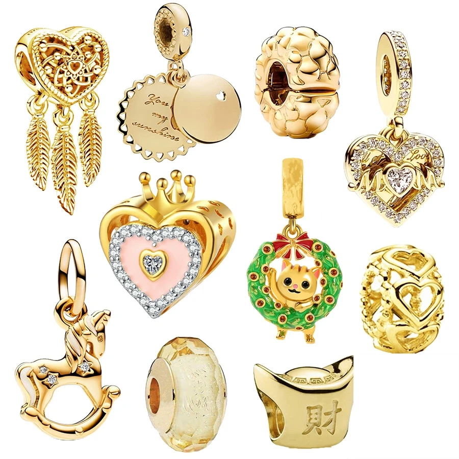 Gold Plated Regal Crown，Studded Clip，Cat with Wreath Dangle Charm Bead Fit Original 925 Sterling Silver Pan Bracelet DIY Jewelry